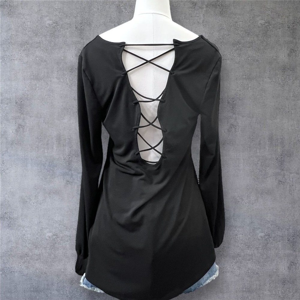 Express Lace Back Top Womens Medium Black Long Sleeve V Neck Blouse